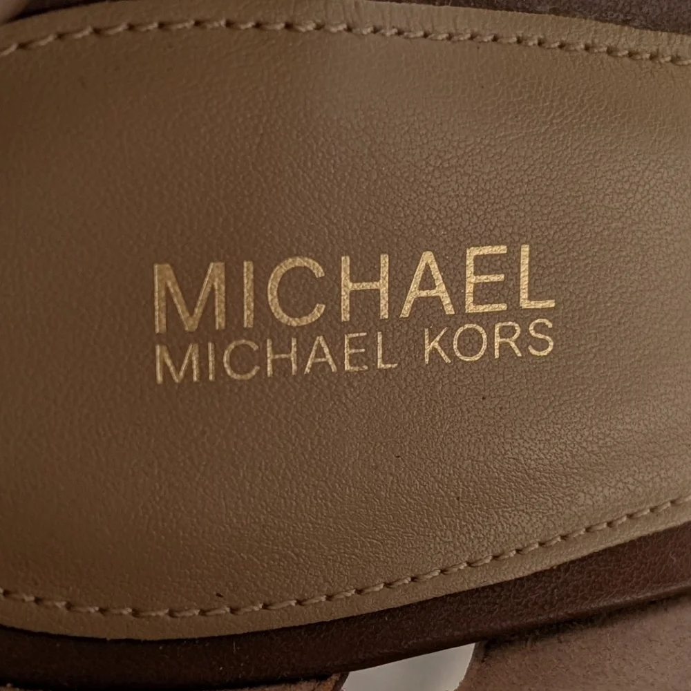 Michael Kors Tan Leather Ankle-Strap Wedge Sandals with Logo Toe Band